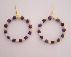 Purple & Cream Wood Hoop Earrings