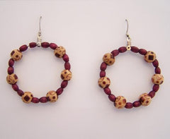 Burgandy & Natural Wood Hoop Earrings